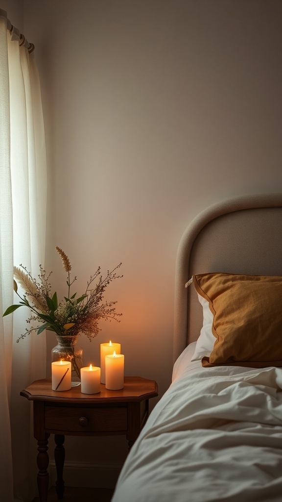 14 Cozy Bedroom Ideas to Transform Your Space 24 A cozy bedroom scene featuring scented candles on a bedside table next to a bed with a decorative pillow.