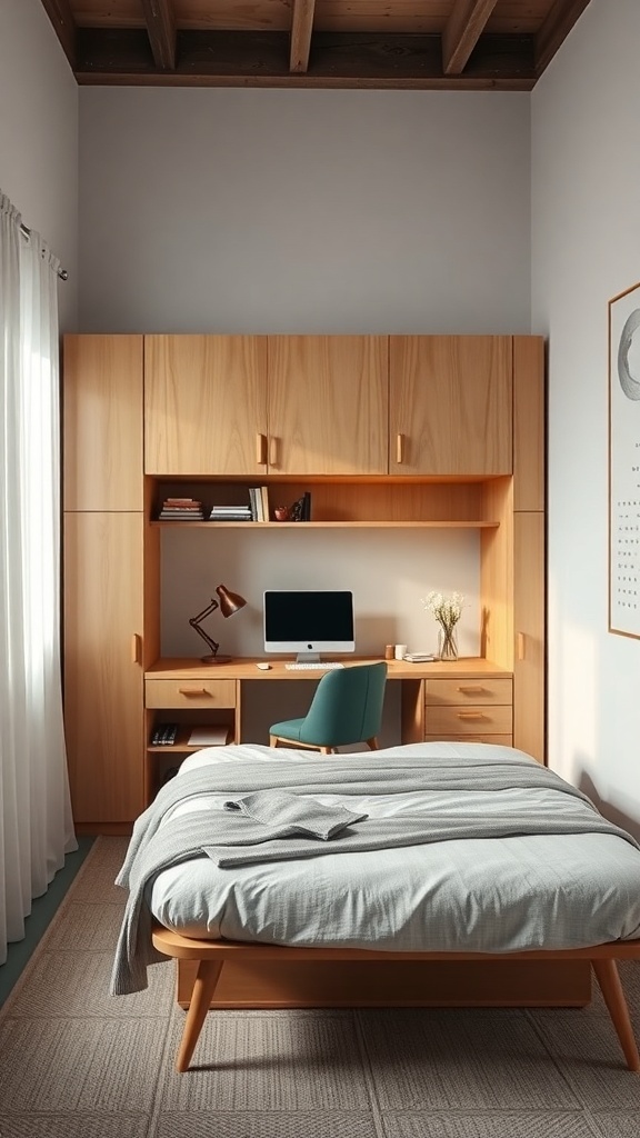 19 Creative Murphy Bed Office Guest Bedrooms Ideas 2 Cozy bedroom with a foldable desk setup, featuring warm wood tones and a stylish chair.
