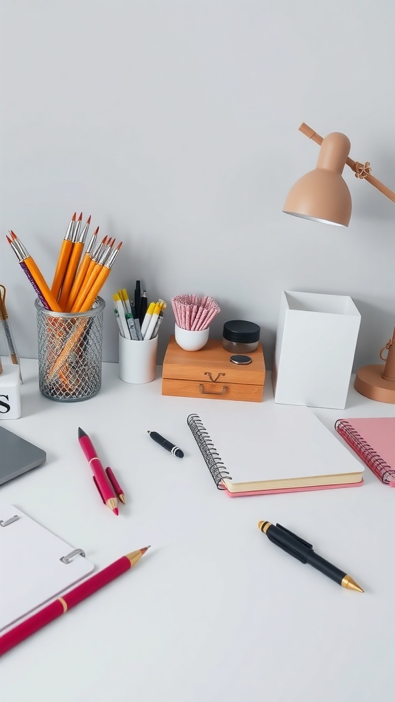 15 Must-Have Items for a Perfect Home Office Setup for Women 9 A stylish home office setup featuring colorful pens, notebooks, and a lamp.