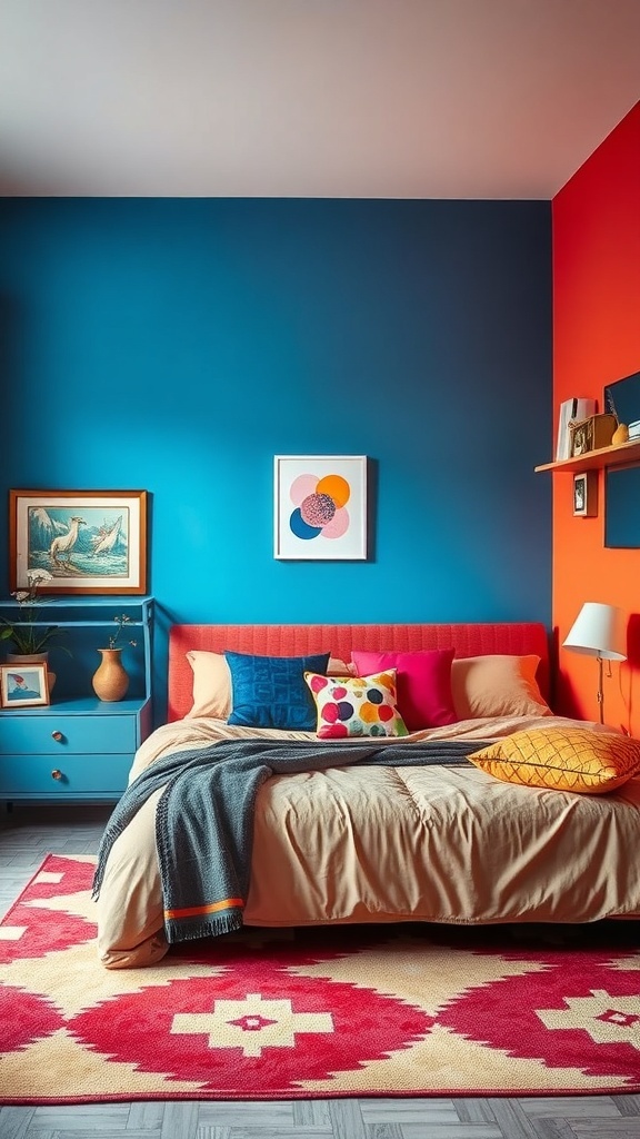 11 Stunning Bedroom Decor Ideas to Transform Your Space 15 A bedroom featuring a blue and red accent wall, colorful pillows, and a patterned rug.