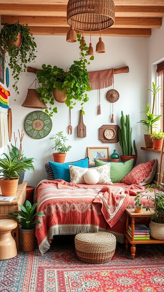 13 Stylish Bedroom Ideas to Transform Your Space 21 A cozy bohemian chic bedroom with plants, colorful bedding, and woven decor.