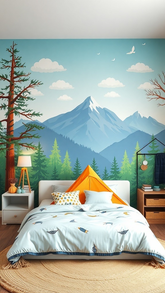 12 Creative Boys Bedroom Ideas for a Fun and Stylish Space 20 A cozy adventure-themed boys bedroom featuring a mountain mural, a bed with a playful duvet, and an orange tent.