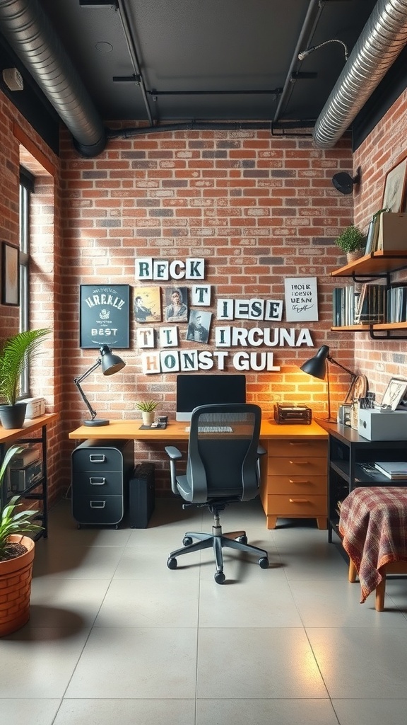 10 Must-Have Masculine Decor Items for Your Home Office 13 A stylish industrial chic home office featuring exposed brick walls, wooden desks, and modern decor.