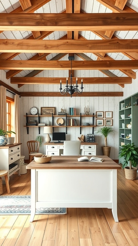 15 Stylish Moody Home Office Ideas for Ultimate Productivity 30 A rustic farmhouse style home office featuring wooden beams, a spacious desk, and cozy decor.