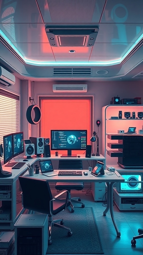 17 Inspiring Home Office Ideas for Men 28 A modern home office setup featuring multiple monitors, sleek furniture, and vibrant lighting.