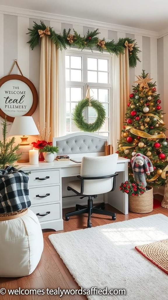 17 Stylish Home Office Guest Room Combos for Ultimate Efficiency 34 A cozy home office with seasonal decor, featuring a desk, a Christmas tree, and warm textiles.