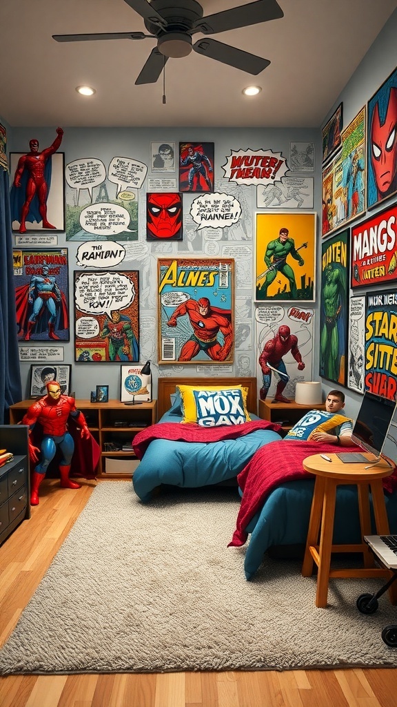 12 Creative Boys Bedroom Ideas for a Fun and Stylish Space 18 A superhero-themed bedroom with comic book art, action figures, and colorful bedding.