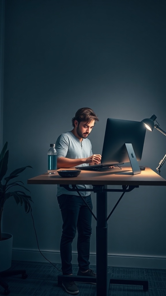 13 Must-Have Standing Desks for Your Home Office Setup 22 A person working at a standing desk in a home office setting, focused on their computer with a water bottle nearby.