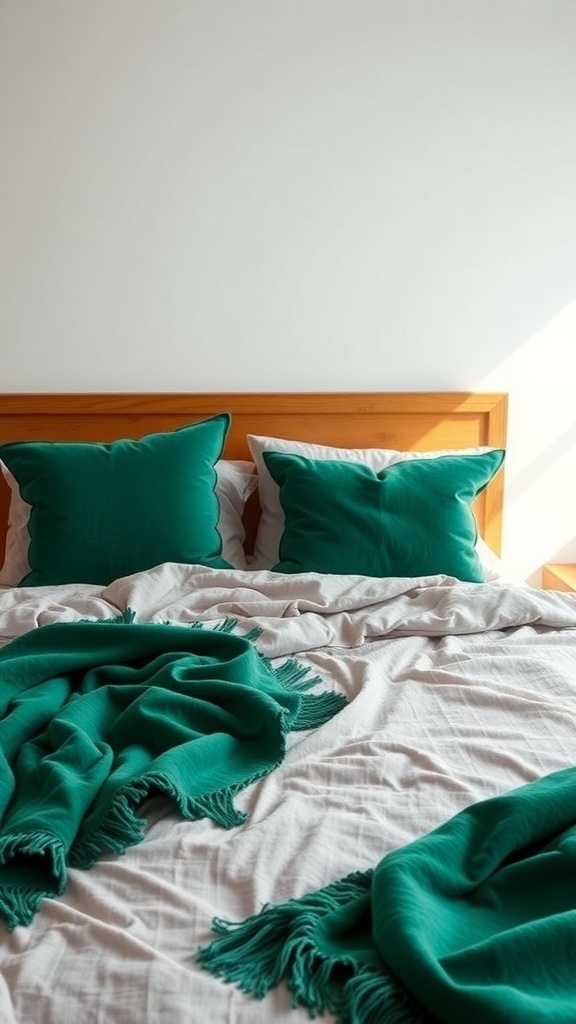 12 Inspiring Green Bedroom Ideas for a Refreshing Retreat 17 A cozy bed with emerald green pillows and throws, contrasting with neutral bedding.