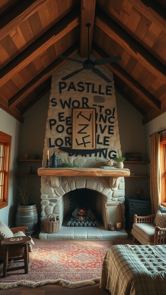 13 Stunning Bedroom Design Styles You Need to Try 5 A cozy bedroom featuring a stone fireplace, wooden beams, and rustic decor.