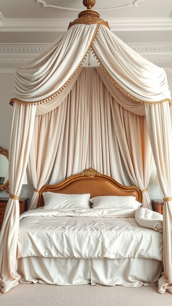 15 Cute Bedroom Ideas to Elevate Your Space 29 A chic canopy bed with elegant drapery and a stylish headboard, creating a cozy bedroom atmosphere.
