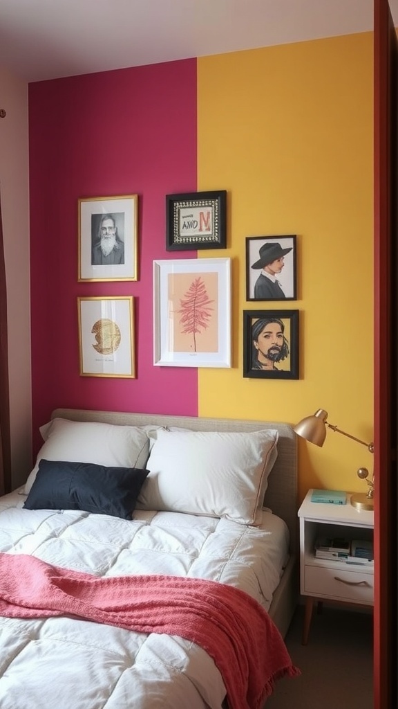 10 Creative Small Bedroom Ideas to Maximize Space 15 A small bedroom featuring a pink and yellow accent wall with framed artwork, a neatly made bed, and a bedside table.