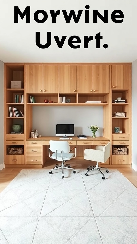 19 Creative Murphy Bed Office Guest Bedrooms Ideas 13 A modern office space with wooden cabinetry, a desk, and two chairs, designed for dual use as an office and guest bedroom.