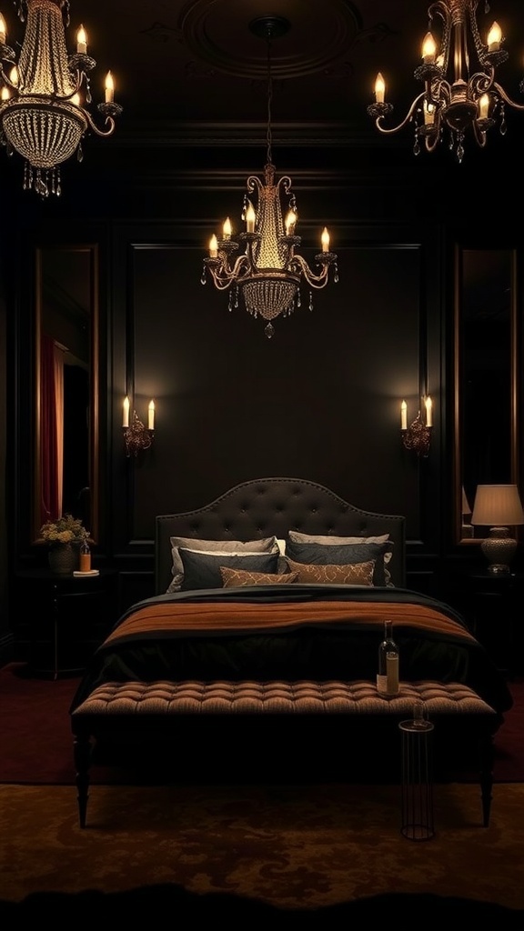 13 Stylish Bedroom Ideas to Transform Your Space 19 A bedroom with dark walls, elegant chandeliers, and a luxurious bed.