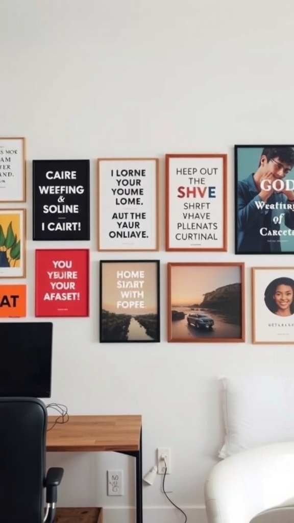10 Stylish His and Her Office Spaces for Your Home 2 A wall decorated with various framed art pieces and motivational quotes in an office space.
