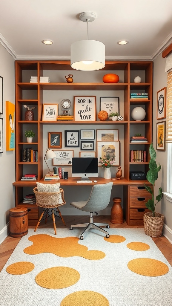 19 Creative Murphy Bed Office Guest Bedrooms Ideas 17 A whimsical office space featuring wooden shelves filled with decor, a modern desk, and a playful rug with orange spots.