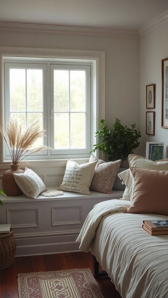 10 Creative Small Bedroom Ideas to Maximize Space 17 Cozy bedroom nook with a window seat, pillows, and a plant.