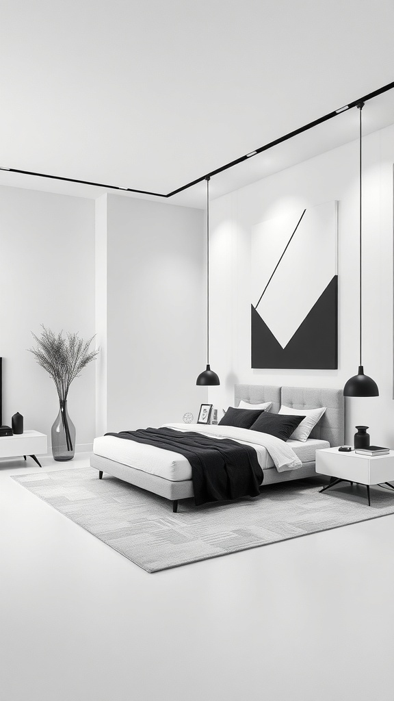 9 Stunning Bedroom Design Ideas to Transform Your Space 15 A modern bedroom featuring a monochrome color scheme with a bed, artwork, and stylish decor.