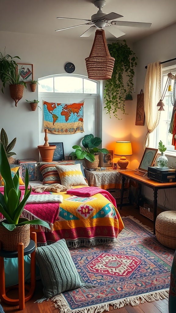 13 Elegant Bedroom Ideas for Grown Women 16 A cozy bohemian bedroom with colorful textiles, plants, and warm lighting.