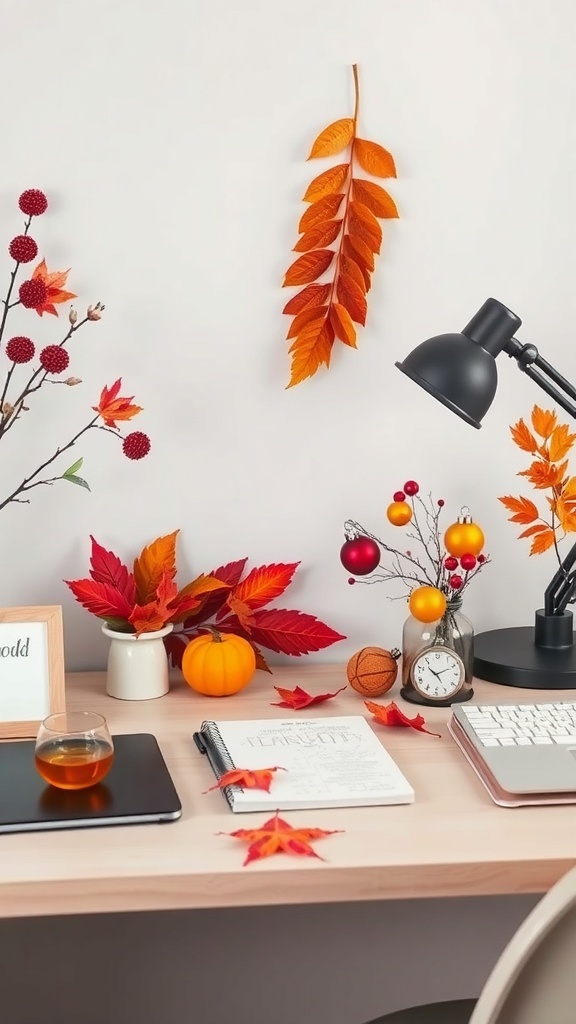 A cozy autumn-themed desk setup with colorful leaves, a pumpkin, and a cup of tea.