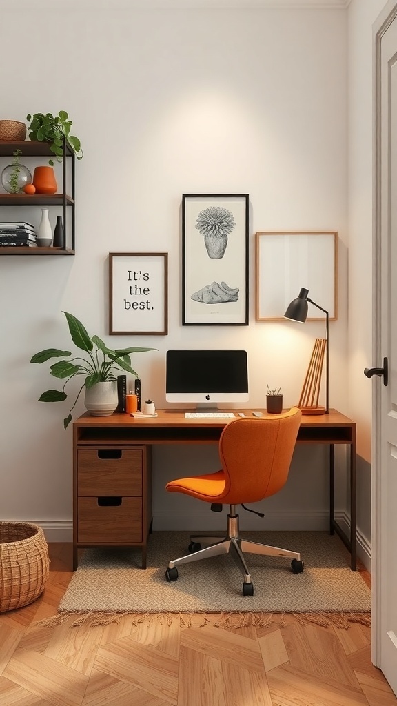 15 Creative Small Home Office Ideas for Maximum Productivity 15 Cozy small home office with a wooden desk, orange chair, plants, and wall art.