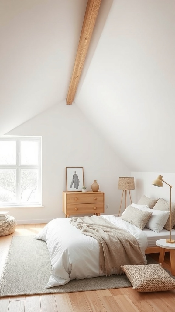 10 Cozy Attic Bedroom Ideas You’ll Love 12 A minimalist Scandinavian attic bedroom with wooden beams, a cozy bed, and natural light.
