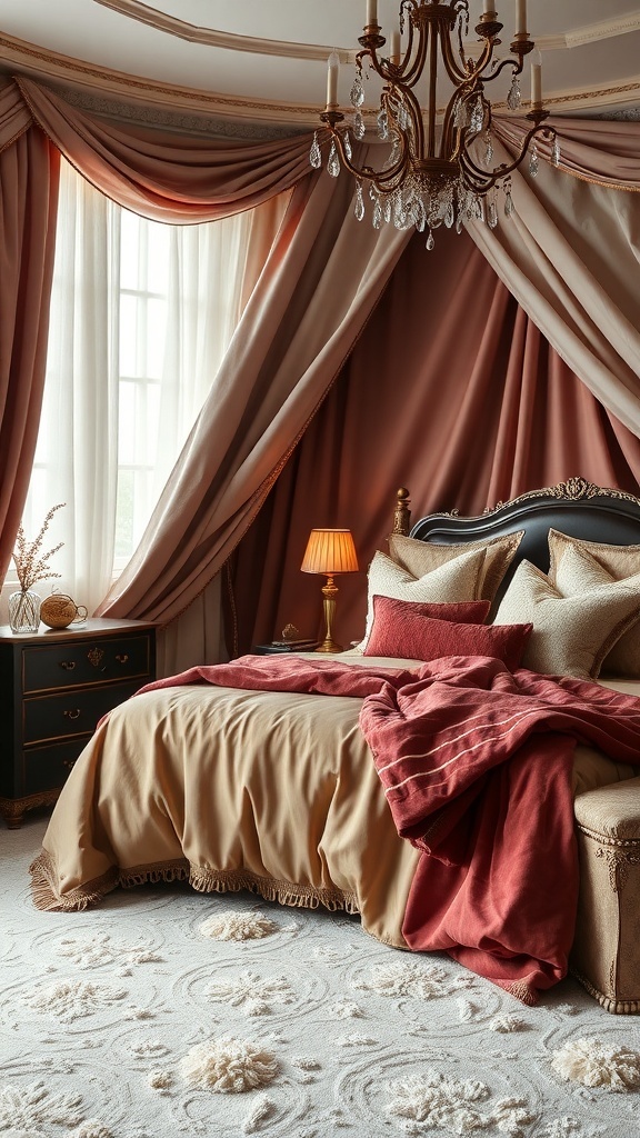 11 Stunning Bedroom Decor Ideas to Transform Your Space 20 A luxurious bedroom with layered fabrics, featuring a bed with rich textures, warm colors, and elegant curtains.