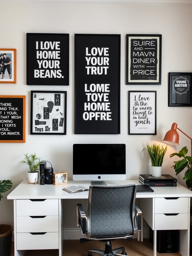 18 Stylish Modern Home Office Ideas to Inspire Your Space 26 A modern home office featuring inspiring wall art with motivational phrases and a sleek desk setup.