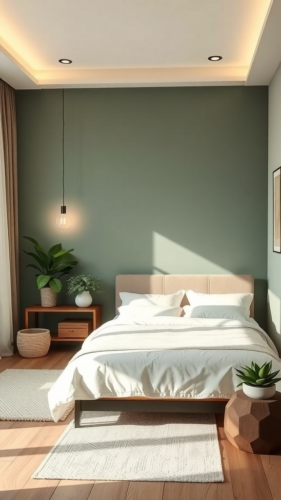 10 Chic Guest Bedroom Ideas for a Cozy Retreat 17 A serene spa-inspired guest bedroom featuring a muted green wall, wooden flooring, a plush bed with white linens, and decorative plants.