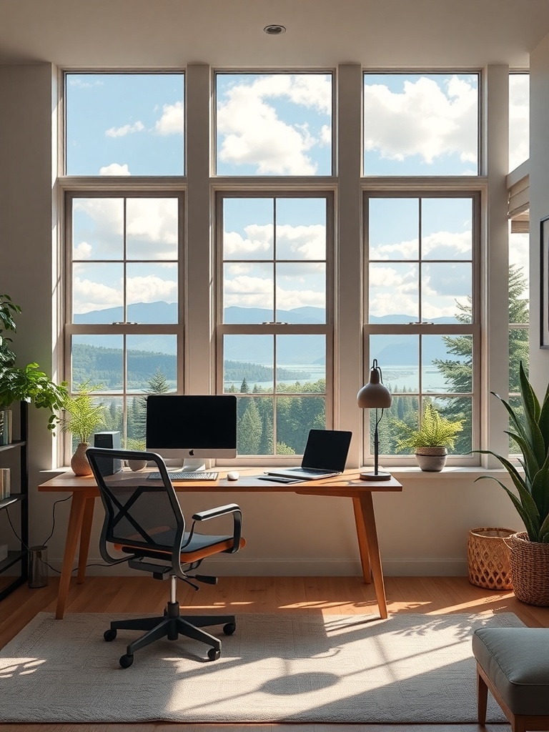 18 Stylish Modern Home Office Ideas to Inspire Your Space 36 A modern home office with large windows offering a view of rolling hills and greenery.