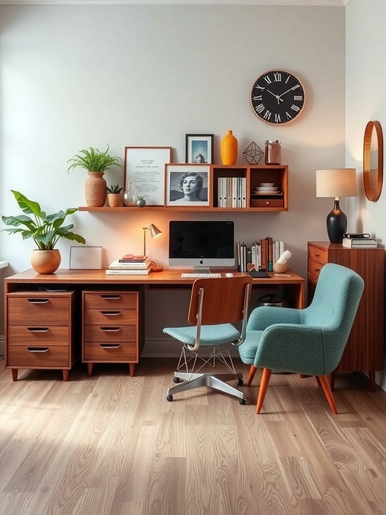 18 Stylish Modern Home Office Ideas to Inspire Your Space 28 A modern home office featuring a wooden desk, light blue chair, plants, and vintage decor elements.