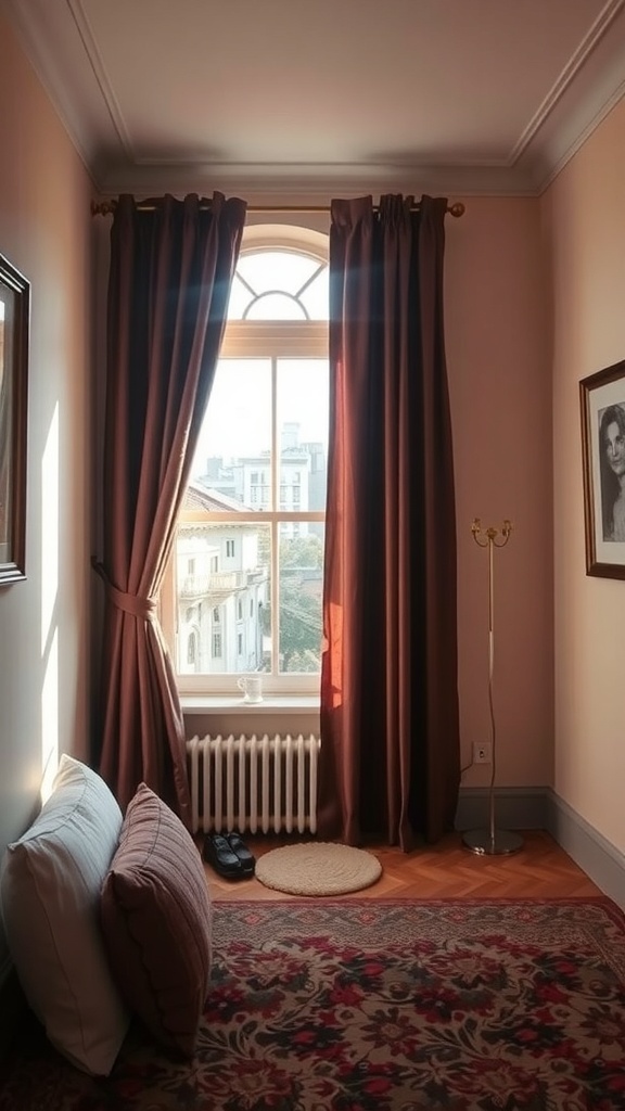 13 Creative Bedroom Ideas for Small Spaces 26 A cozy bedroom corner featuring brown curtains, a window, and decorative elements.