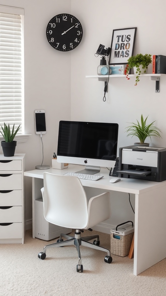 13 Essential Tips for an Organized Home Office 2 A modern home office setup featuring a computer, printer, plants, and a clock on the wall.