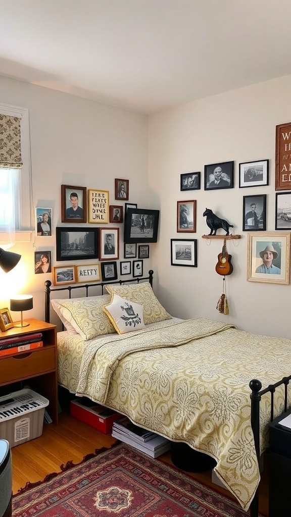 11 Chic Bedroom Ideas for Grown Women 22 A cozy bedroom featuring a bed with a patterned comforter, framed photos on the walls, a bedside table with a lamp, and a vintage rug.