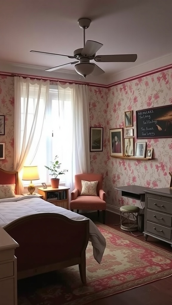 10 Stylish Bedroom Ideas Every Man Will Love 15 A vintage-style bedroom featuring floral wallpaper, a cozy bed, a warm lamp, and vintage furniture.