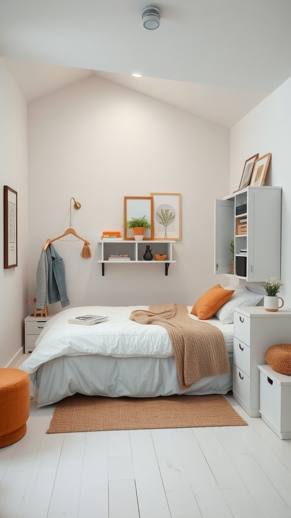 10 Creative Small Bedroom Ideas to Maximize Space 19 A small minimalist bedroom featuring a neatly made bed, orange accents, and organized storage solutions.