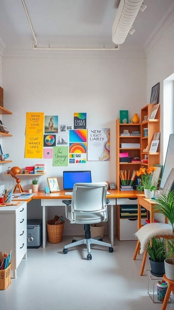 15 Stylish Moody Home Office Ideas for Ultimate Productivity 28 A colorful and artistic home office with vibrant posters, a wooden desk, and plants.