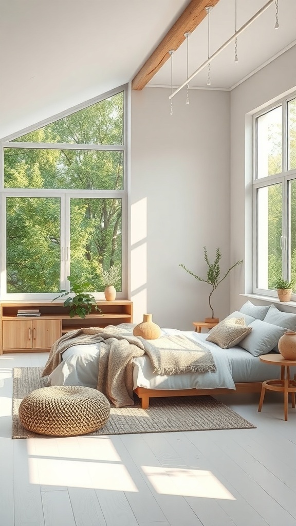 14 Stunning White Bedroom Ideas for a Dreamy Retreat 26 Bright white bedroom with large windows, greenery outside, wooden accents, and cozy decor.