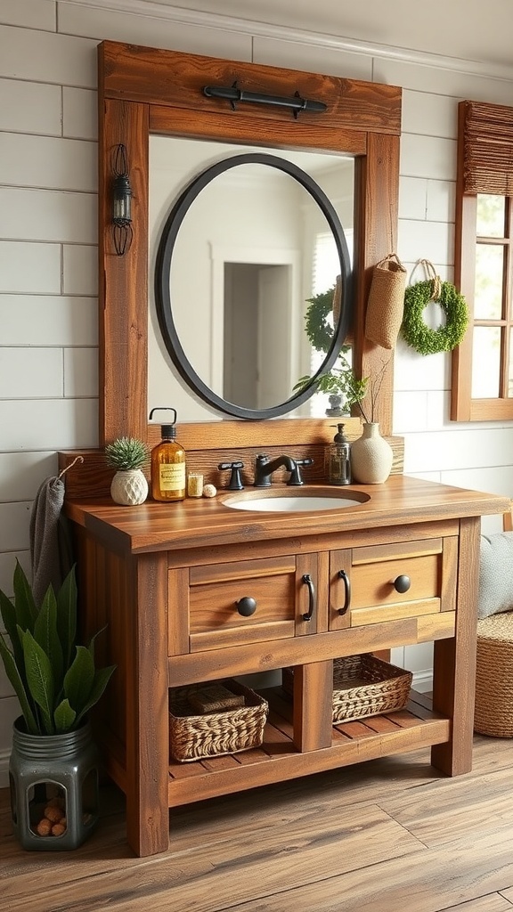 10 Chic Vanity Ideas to Elevate Your Bedroom Decor 15 Rustic farmhouse vanity with wooden finish, round mirror, and storage baskets