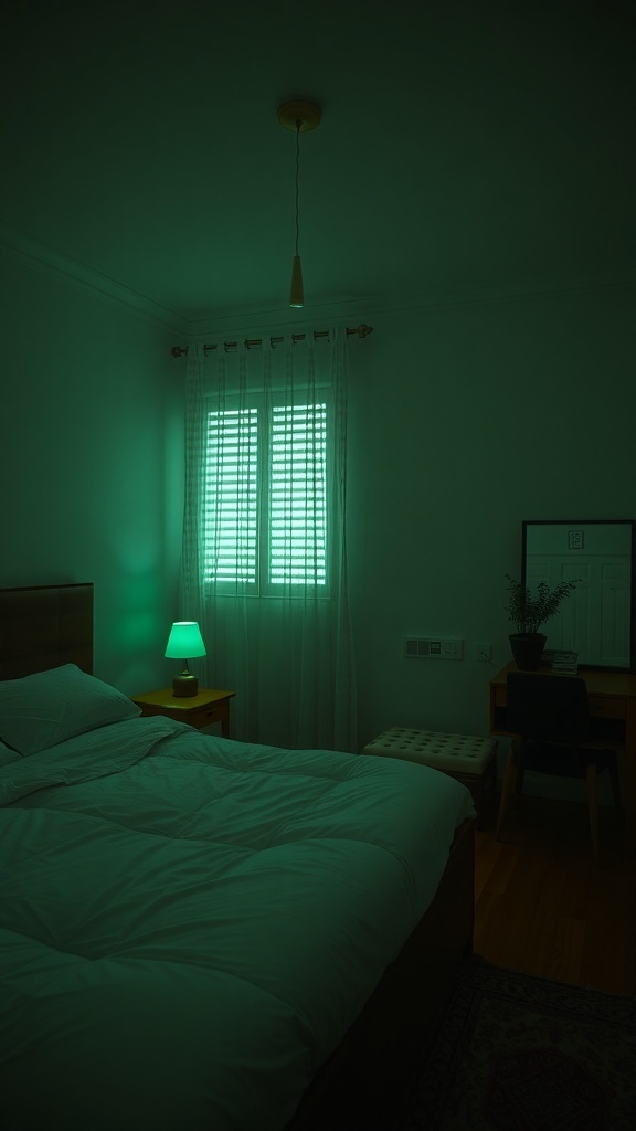 12 Inspiring Green Bedroom Ideas for a Refreshing Retreat 23 A softly lit bedroom with green lighting, featuring a bed, a lamp, and a desk.