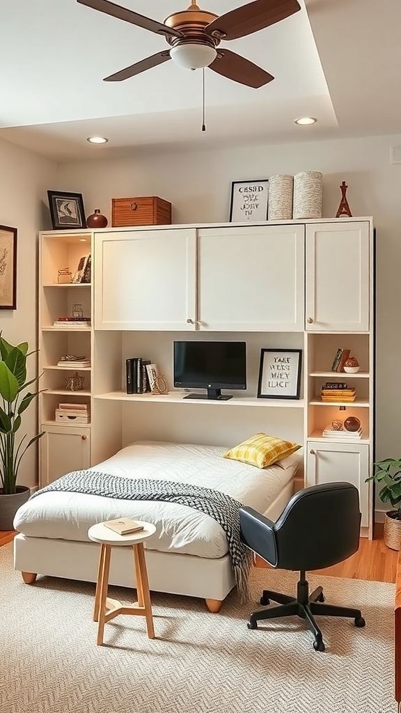 12 Stylish Home Offices Featuring Murphy Beds for Multi-Functional Spaces 24 Cozy home office with a Murphy bed, featuring light furniture, a small plant, and a comfortable chair.