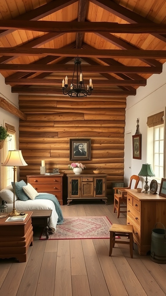 13 Stylish Bedroom Ideas to Transform Your Space 16 Cozy rustic farmhouse bedroom with wooden beams, log walls, and simple furniture.