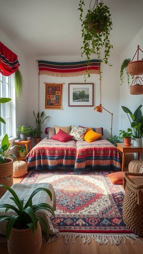 11 Chic Bedroom Ideas for Grown Women 16 A cozy bohemian bedroom with vibrant textiles, plants, and warm tones.