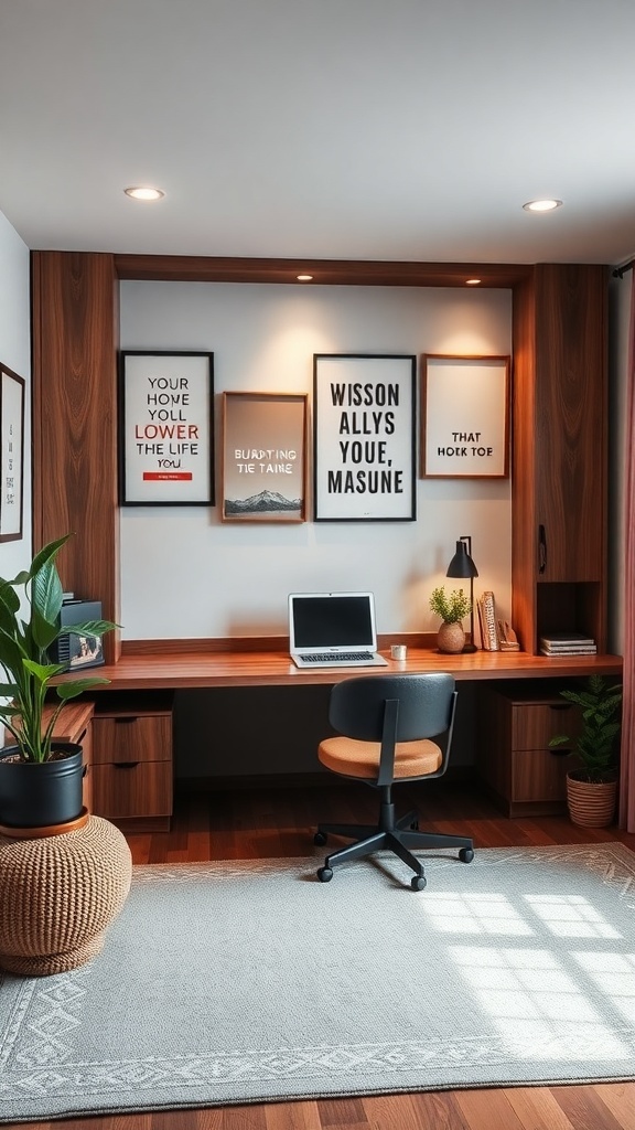12 Stylish Home Offices Featuring Murphy Beds for Multi-Functional Spaces 14 A modern home office with creative wall art, including framed quotes and plants.