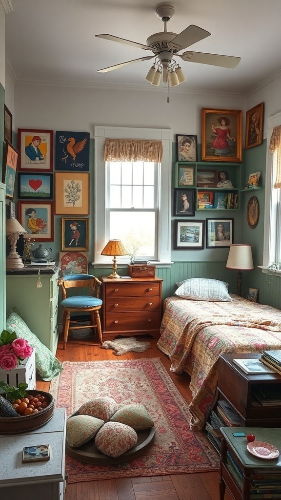9 Stunning Bedroom Design Ideas to Transform Your Space 14 A cozy bedroom featuring a mix of vintage decor, framed artwork on the walls, a quilted bedspread, and a warm wooden nightstand.