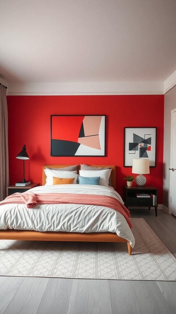 13 Stunning Bedroom Design Styles You Need to Try 4 A contemporary chic bedroom featuring a red wall, modern bed, and stylish decor.