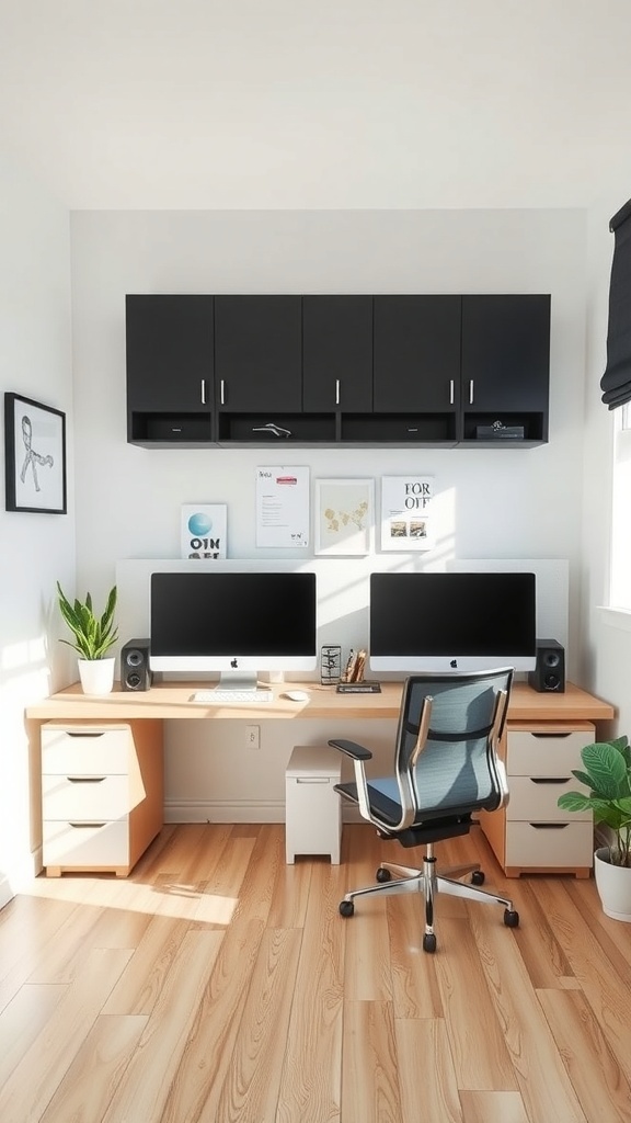 15 Creative Small Home Office Ideas for Maximum Productivity 11 A small office with two computer setups, light wood desk, black cabinets, and plants.