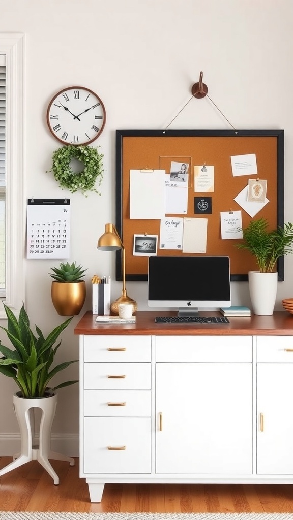 11 Essential Tips for Organizing Your Home Office for Maximum Productivity 5 A well-organized home office with a desk, computer, corkboard, calendar, and plants.