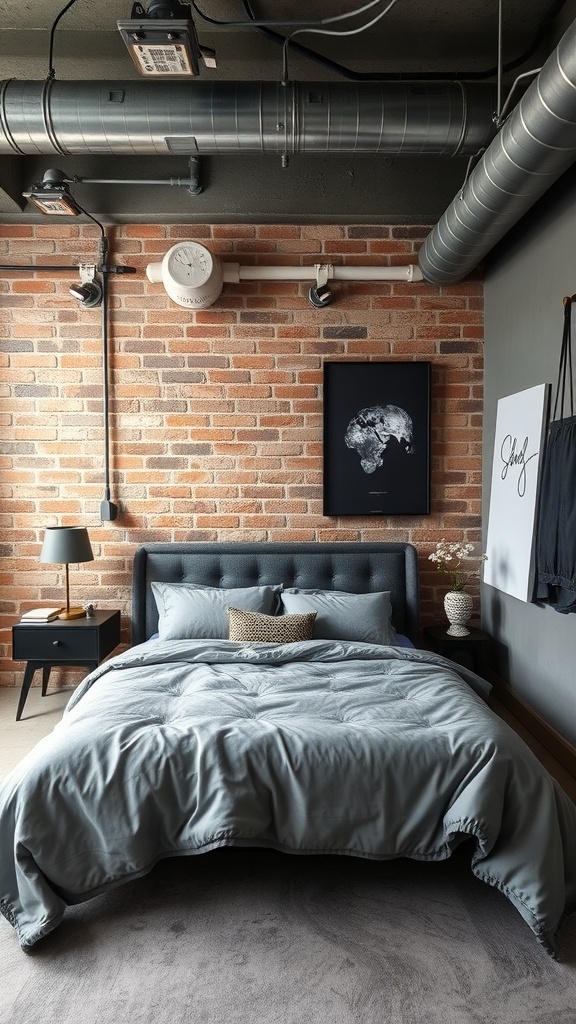 16 Stunning Grey Bedroom Ideas to Transform Your Space 24 A chic industrial style grey bedroom featuring an exposed brick wall, a tufted grey bed, and minimalist decor.