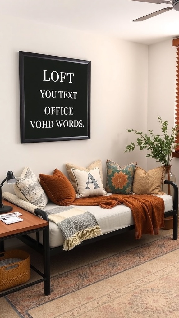 17 Stylish Home Office Guest Room Combos for Ultimate Efficiency 23 A stylish daybed with decorative pillows and a workspace beside it, featuring a lamp and paperwork.